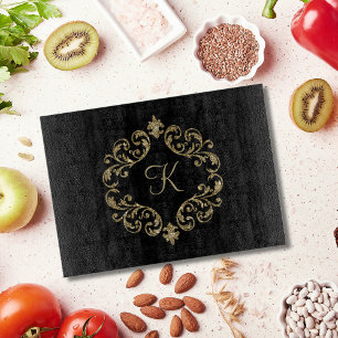 Monogram Black Gold Glitter Trendy Chic Stylish Cutting Board