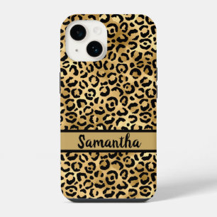 Monogram Black Gold Leopard Cheetah Print iPhone 14 Case