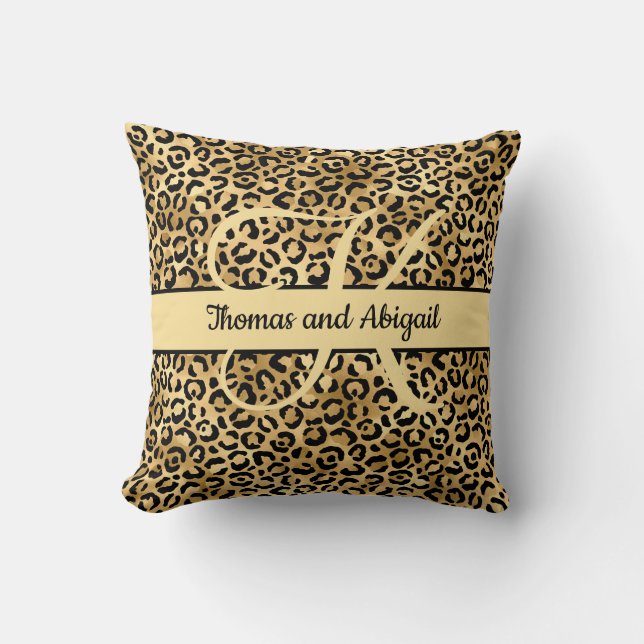 Monogram Black Gold Leopard Print Cheetah Animal  Cushion (Front)
