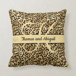 Monogram Black Gold Leopard Print Cheetah Animal  Cushion