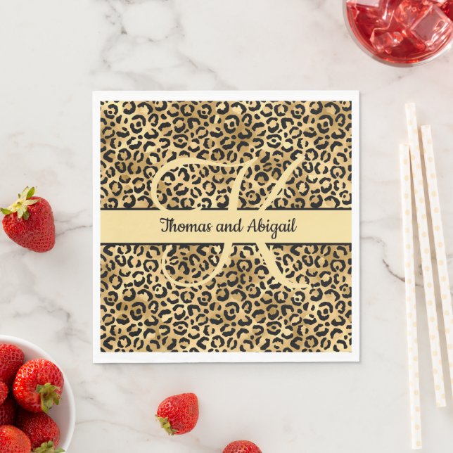 Monogram Black Gold Leopard Print Cheetah Animal  Napkin (Insitu)