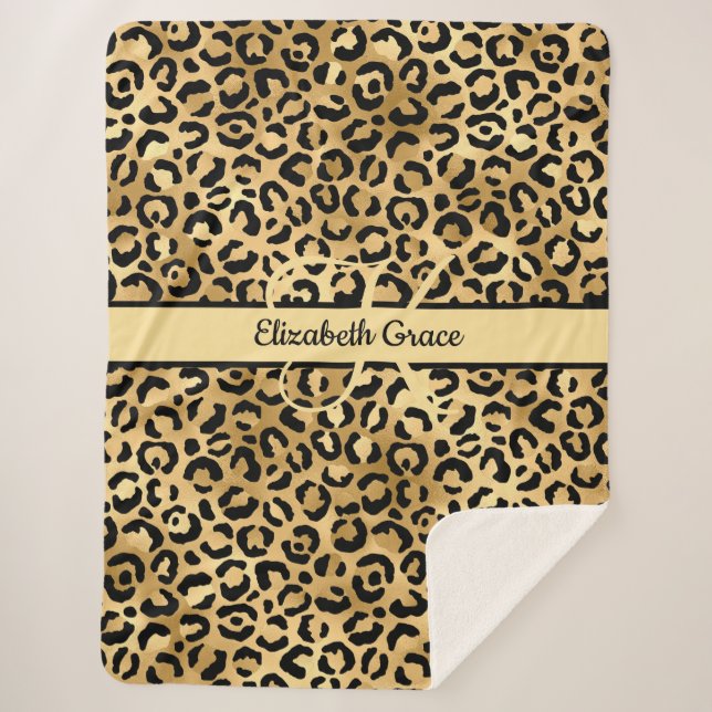 Monogram Black Gold Leopard Print Cheetah Animal Sherpa Blanket (Front)