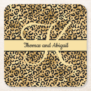 Monogram Black Gold Leopard Print Cheetah Animal Square Paper Coaster