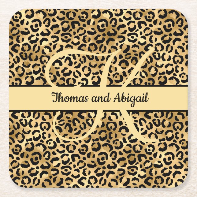 Monogram Black Gold Leopard Print Cheetah Animal Square Paper Coaster (Front)