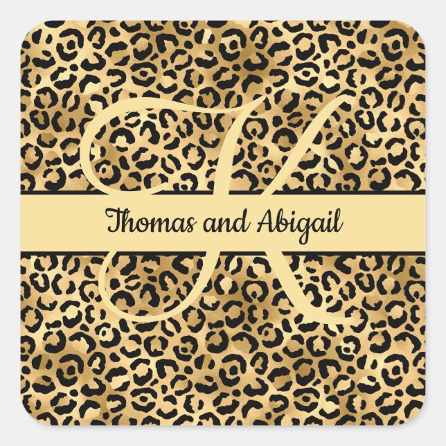 Monogram Black Gold Leopard Print Cheetah Animal Square Sticker (Front)