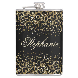 Monogram Black Gold Leopard Print Glitter Trendy Hip Flask