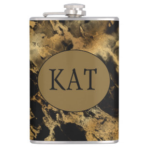 Monogram Black Gold Marble Agate Bridal Party Gift Hip Flask