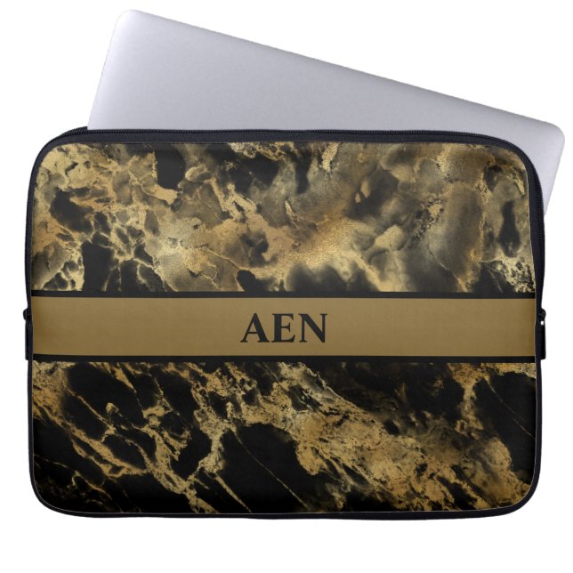 Monogram Black Gold Marble Agate Modern Trendy  Laptop Sleeve (Front)