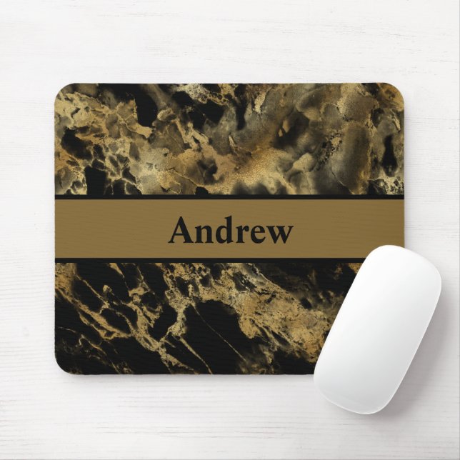 Monogram Black Gold Marble Agate Modern Trendy Mouse Pad (With Mouse)