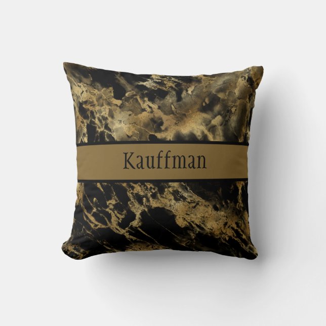 Monogram Black Gold Marble Agate Trendy Chic  Cushion (Front)