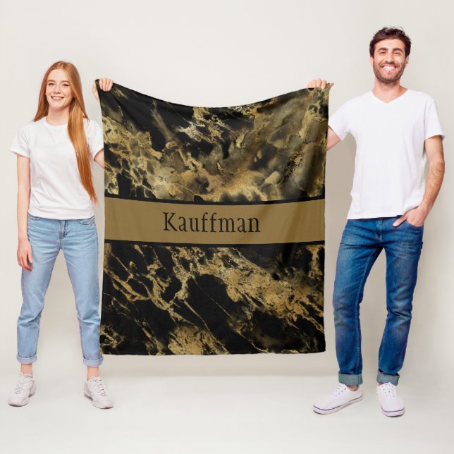 Monogram Black Gold Marble Agate Trendy Chic Fleece Blanket (In Situ)