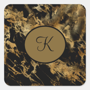 Monogram Black Gold Marble Agate Trendy Modern  Square Sticker