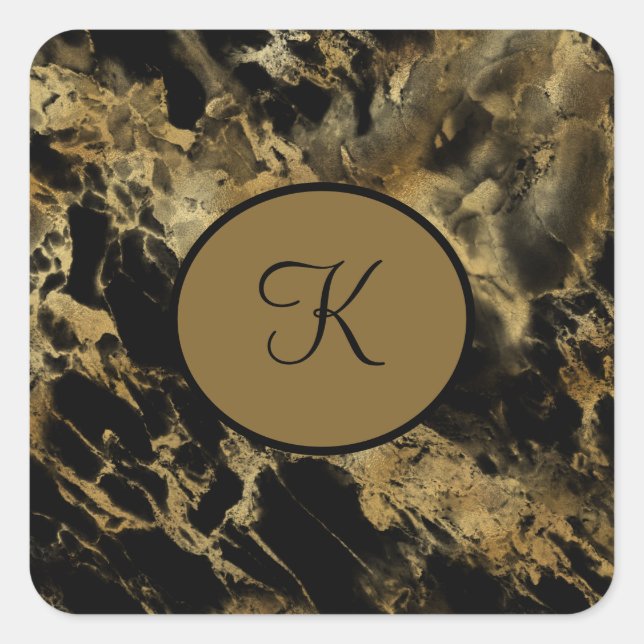 Monogram Black Gold Marble Agate Trendy Modern  Square Sticker (Front)