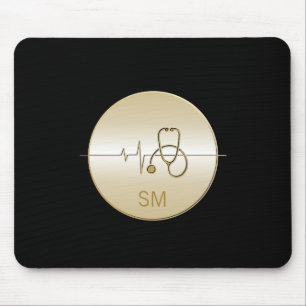 Monogram Black Gold Medical Stethoscope Heartbeat Mouse Pad