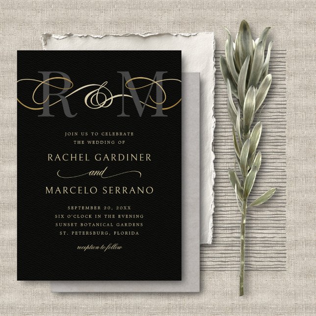 Monogram Black Gold Minimalist QR Code Wedding Invitation (Creator Uploaded)