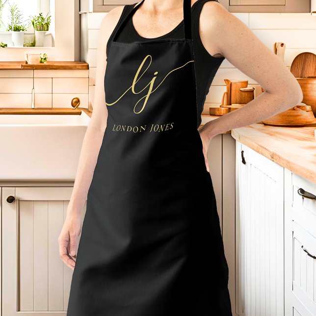 Monogram Black Gold Modern Minimal Calligraphy Apron (Creator Uploaded)
