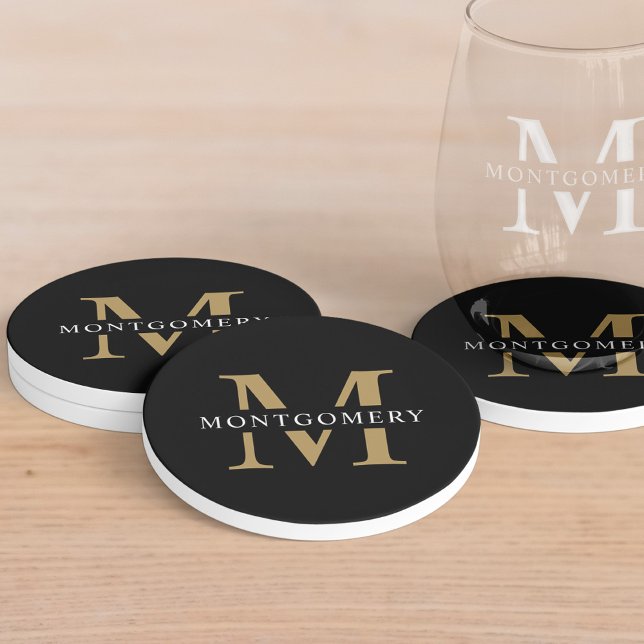Monogram Black Gold Modern Minimal Coaster (Creator Uploaded)