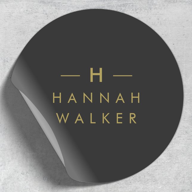 Monogram Black Gold | Modern Minimalist Elegant Classic Round Sticker (Modern gold & black monogram sticker by Guava - elegant, minimalist, and customizable.)