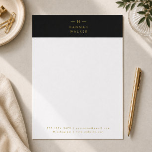 Monogram Black Gold   Modern Minimalist Elegant Custom Letterhead