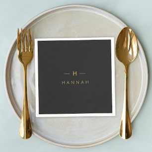 Monogram Black Gold Modern Minimalist Elegant Napkin