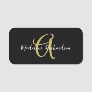Monogram Black Gold Modern Minimalist Feminine Name Tag
