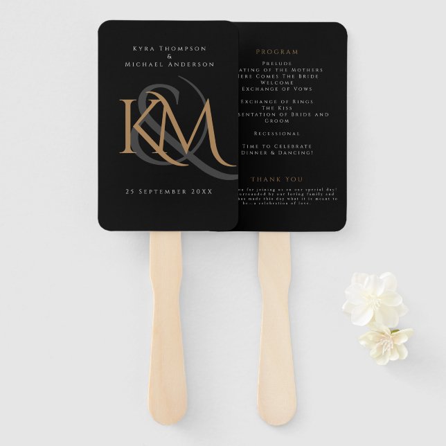 Monogram Black Gold Modern Simple Wedding Program Hand Fan (Front and Back)