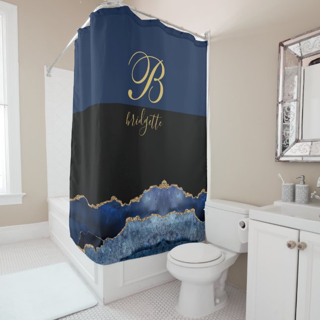 Monogram Black Gold Navy Agate Geode Shower Curtain (In Situ)