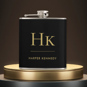 Monogram Black Gold Personalised Hip Flask
