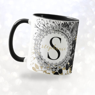 Monogram Black Gold Roses Diamonds Luxury Stylish  Mug