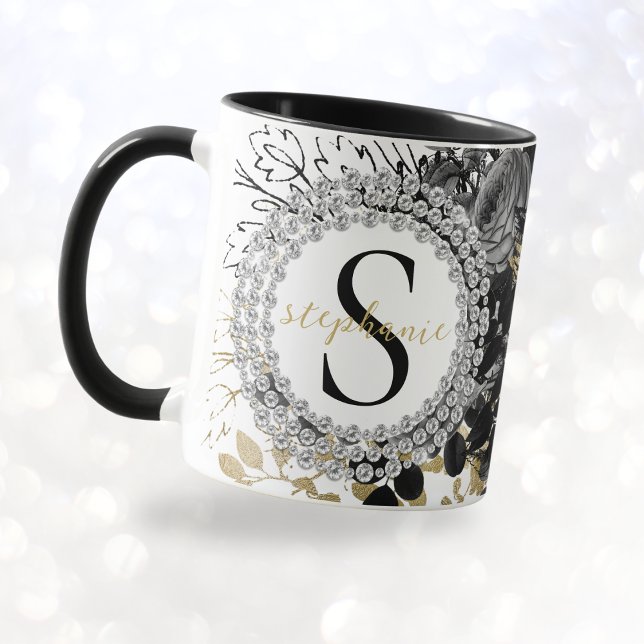 Monogram Black Gold Roses Diamonds Luxury Stylish  Mug (mockup view)