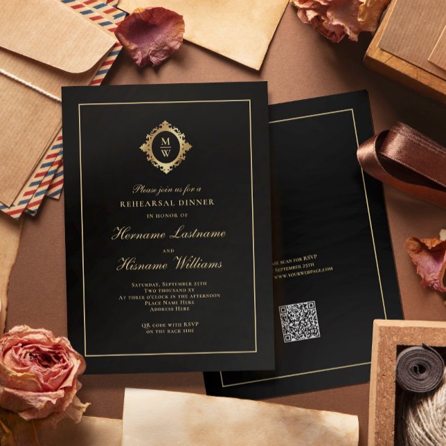 Monogram Black Gold RSVP QR Code Rehearsal Dinner Invitation (Creator Uploaded)