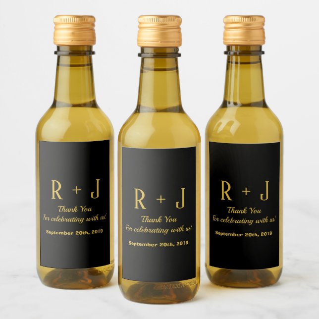 Monogram Black & Gold Thank You Wedding Mini Wine Label (Bottles)