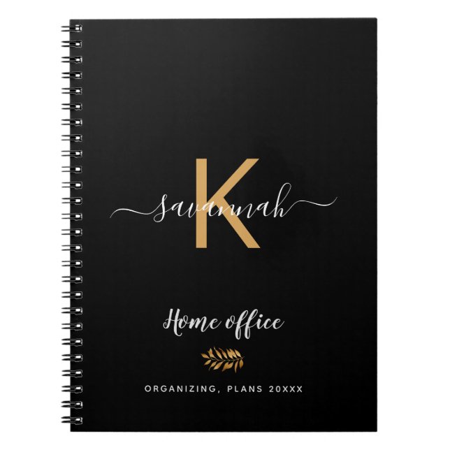Monogram black gold typography office school notebook (Front)