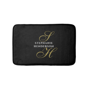 Monogram Black Gold White Minimalist Chic Elegant Bath Mat