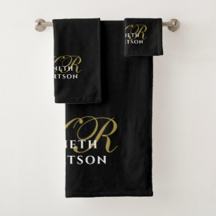 Monogram Black Gold White Minimalist Elegant Men  Bath Towel Set