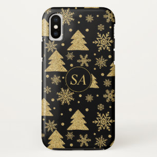 Monogram Black Golden Christmas Tree Snowflakes iPhone X Case