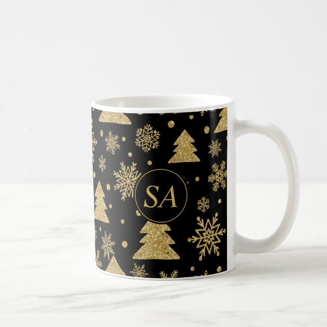 Monogram Black Golden Christmas Tree Snowflakes Coffee Mug (Right)