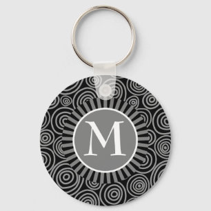 Monogram Black Gray Spirals - Mens Personalized Key Ring