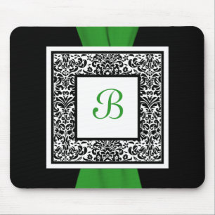 Monogram Black, Green, and White Damask Mousepad