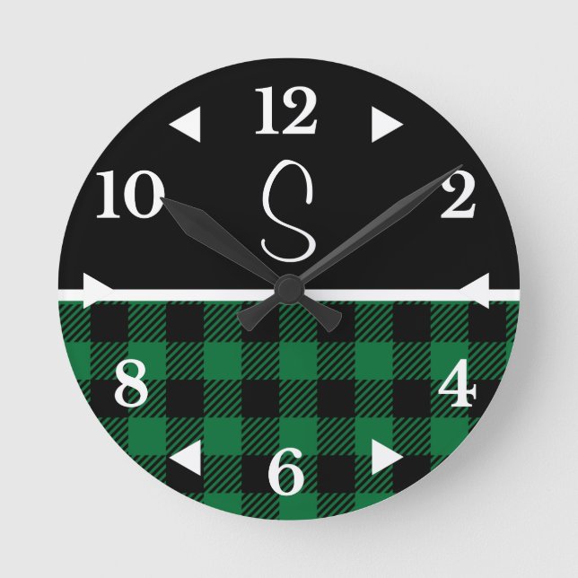 Monogram Black Green Buffalo Plaid Farmhouse   Round Clock (Front)