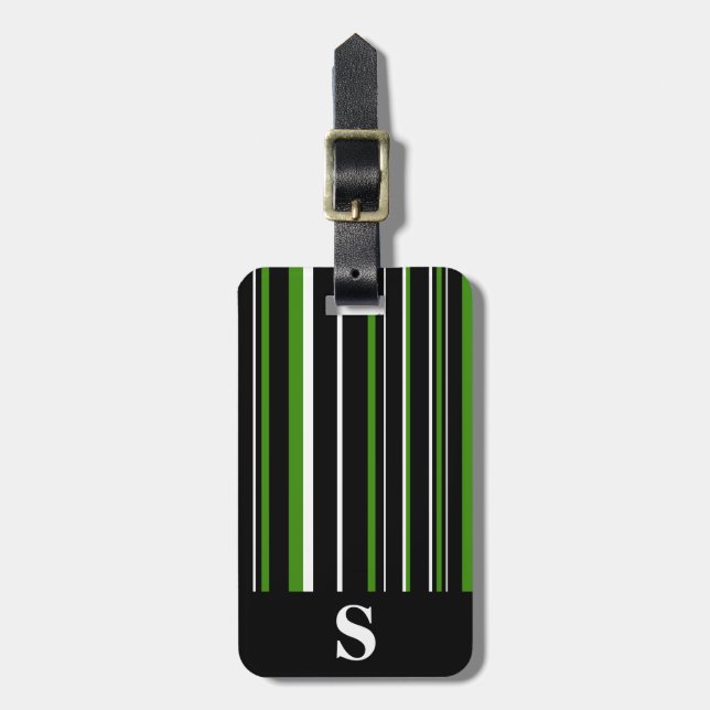Monogram Black, Green, White Barcode Stripe Luggage Tag (Front Vertical)