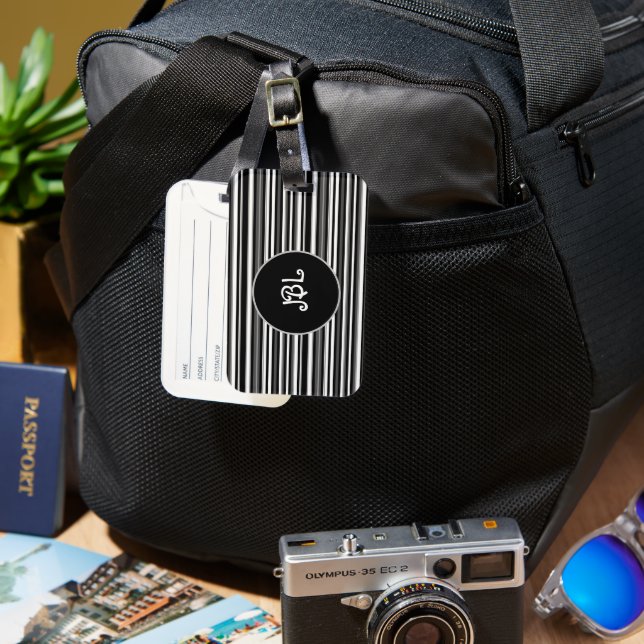 Monogram Black, Grey And White Stripe  Luggage Tag (Front & Back)