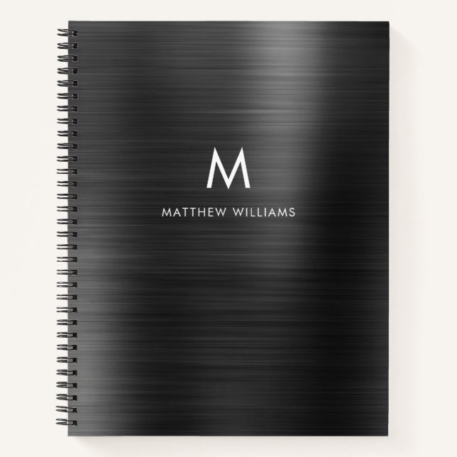 Monogram Black Grey Faux Metal Steel Styled Custom Notebook (Front)