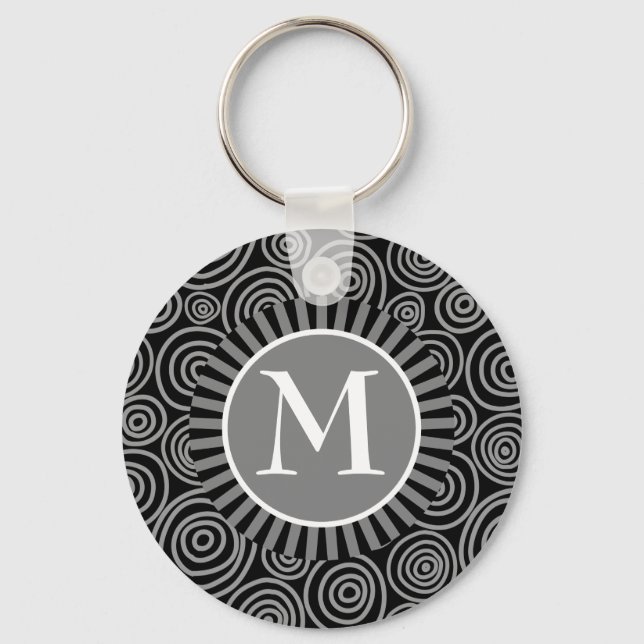 Monogram Black Grey Spirals - Mens Personalised Key Ring (Front)
