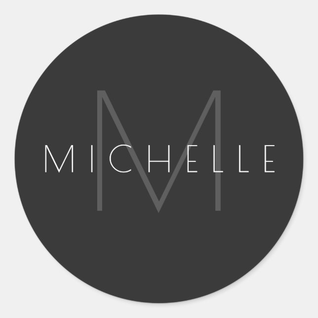 Monogram Black Grey White Modern Stylish Name Classic Round Sticker (Front)