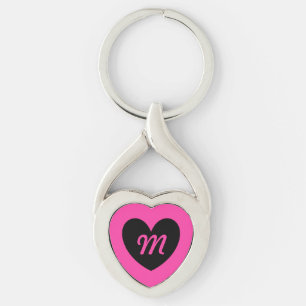 Monogram black heart on fuchsia pink key ring
