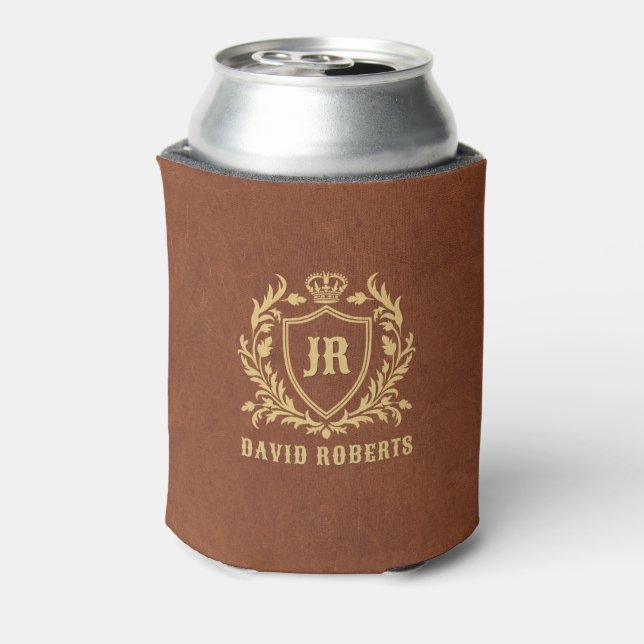 Monogram Black Heraldic Crest Brown Faux Leather Can Cooler (Can Back)