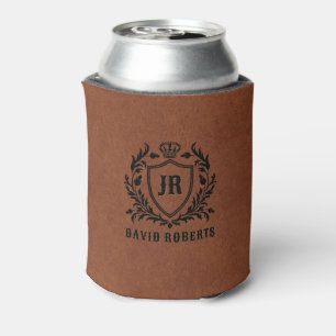 Monogram Black Heraldic Crest Brown Faux Leather Can Cooler