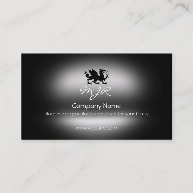 Monogram, Black Heraldic Dragon, metallic-effect Business Card (Front)