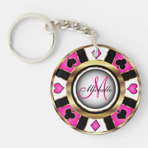 Monogram Black, Hot Pink and Gold Las Vegas Style  Key Ring